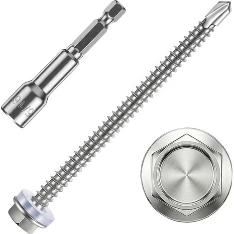 Vis Autoforeuse Metal 410 Vis Autoperforante 4.8x70mm 100Stk avec Rondelles D'étanchéité EPDM Fixation étanche et 1 Douilles Hexagonale pour Metal Bac Acier Bois Tôle Placo Toiture (1/5)