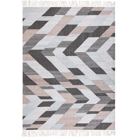 Alfombra de yute beige gris rosa 140 x 200 cm hecho a mano borlas Nakkas