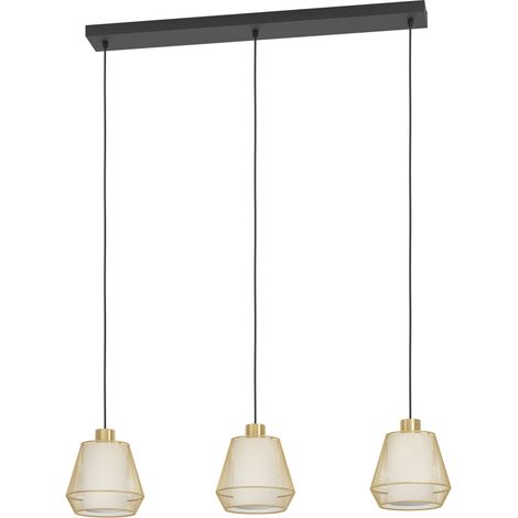 EGLO Hängelampe Ciudadela, 3-flammige Pendelleuchte über Esstisch, Esszimmerlampe in Diamantform aus Metall in Messing und Schwarz, Textil in Weiß, Hängeleuchte mit E27 Fassung, 88 cm (1/5)