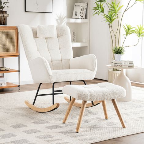 Fauteuil à bascule avec repose-pieds – blanc – 92 cm – coussin d’appui – capacité 113 kg (1/5)