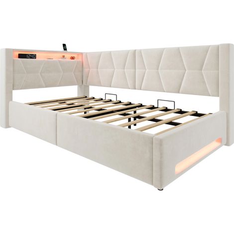 Cama tapizada 90x200 cm con almacenaje, terciopelo beige, LED, USB y Type-C, HOMVRA (1/5)