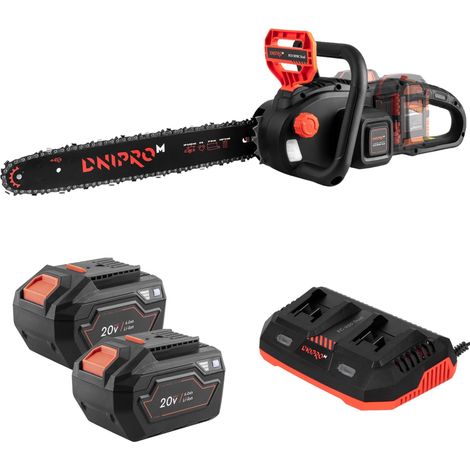 Tronçonneuse sur Batterie DCS-201BC Dual 2x20V - Guide-Chaîne de 40 cm, Vitesse de Chaîne 16 m/s, 8000 tr/min, Chaîne 3/8" - Poids 4 kg- 2 Batteries 6 Ah et Chargeur Double Inclus - Par Dnipro-M