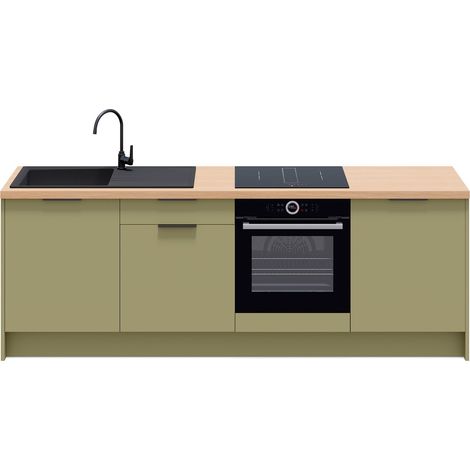 Homifab – Meubles bas de cuisine 4 éléments – L. 245 cm – H. 89 cm – P. 60 cm – Vert olive – Évier noir réversible et robinet noir mat (1/5)