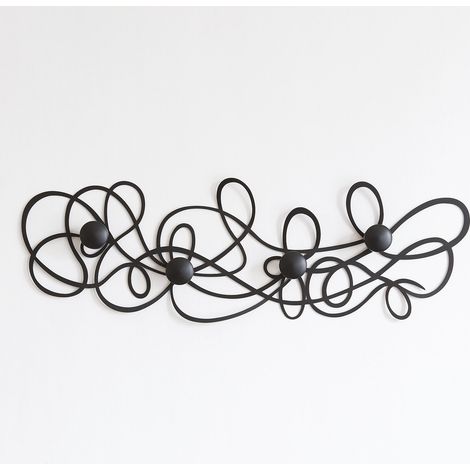 Appendiabiti da parete Doodle 77x25 cm in ferro nero con pomelli - Design moderno a linee intrecciate - Fissaggio a muro - Made in Italy