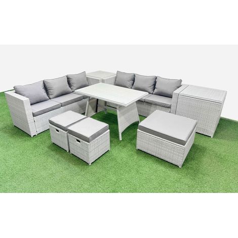 Fimous Rattan Garden Furniture Dining Set 9-seater Patio Rectangular Table 3 Seater Sofa Set with 2 Side Tables 3 Stools Light Grey (1/4)