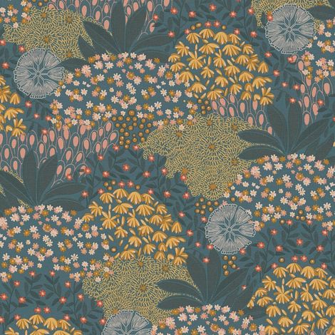 Papier peint feuillage bleu vert et orange Tapisserie florale style botanique Papier peint intissé nature idéal pour salon (1/3)