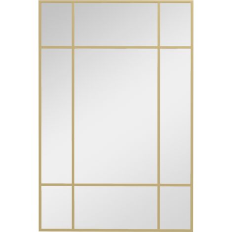 Miroir mural verrière rectangulaire style fenêtre, horizontal ou vertical avec 4 crochets, en métal doré - 90x60 cm