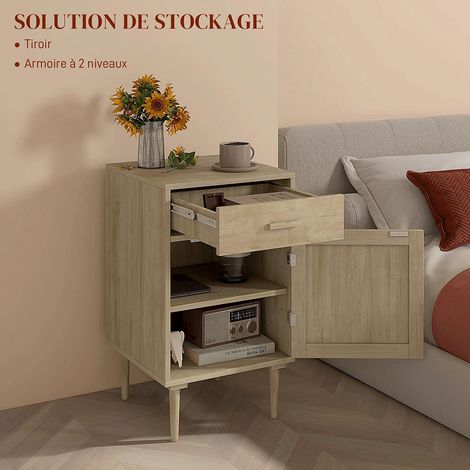Table de chevet avec armoire et cadre en rotin, 1 tiroir, style Bohème - 40 x 40 x 68,5 cm, couleur naturelle (1/4)