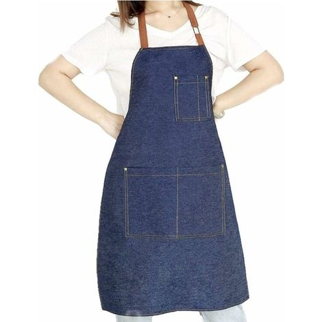 royaluxe -Tabliers Tablier en denim avec multi-poches unisexes réglables pour la cuisine, l'artisanat, la cuisine, bleu profond (1/4)