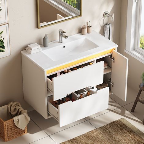 DESMIU Meuble sous vasque mural LED, 2 tiroirs, porte et étagères réglables, lavabo céramique blanc, 81 × 47 × 51 cm (1/5)