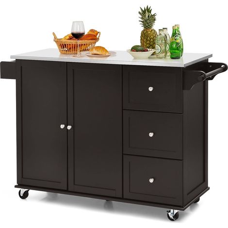 COSTWAY Carrito de Cocina, Carrito de Servicio Móvil con 3 Cajones, Carrito de Isla de Cocina con Encimera de Acero Inoxidable, Armario de 2 Puertas, Toallero y Especiero (Marrón) (1/5)