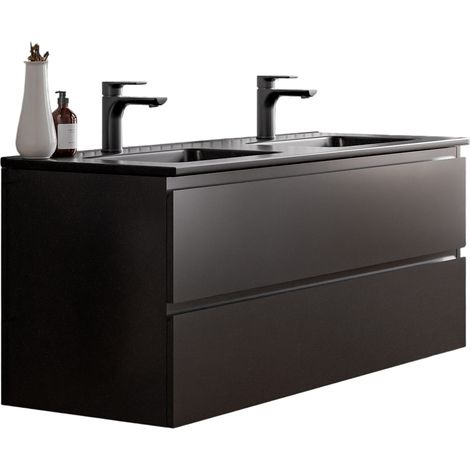 Unterschrank Bernstein AVA 120 cm mit Keramik Waschbecken - Badmöbelfarbe Schwarz matt, Waschbecken Schwarz matt