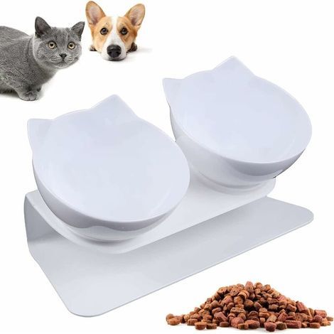 Katzennapf, Doppel-Katzennapf, 15° neigbarer Ständer, rutschfest, zur Reduzierung von Nackenschmerzen bei Haustieren, für Katzen und kleine Hunde (Weiß) (1/5)