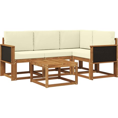 Set di divani da esterno 5 pz Salotto da Giardino Naturale e Crema Poliestere (1/5)