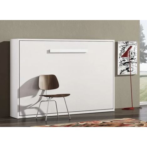 Lit escamotable horizontal KLIKA - Sommier à lattes - Poignée acier brossé 54cm Sans matelas Chêne blanc-150x200-Cadre Chêne blanc-Façade Blanche (1/5)