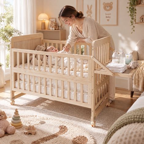 JOOKGBD-Lit Bébé Évolutif 3 en 1 en Pin Massif Naturel, Format 60x120cm Extensible à 167cm, Table à Langer Pliante, Sommier à 3 Hauteurs Réglables, Roues Verrouillables, Garde-corps de Sécurité (1/5)