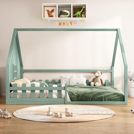 Lit plat, 140 x 200 cm, lit enfant, barrière de sécurité, bois de pin, vert, avec sommier à lattes de haute qualité