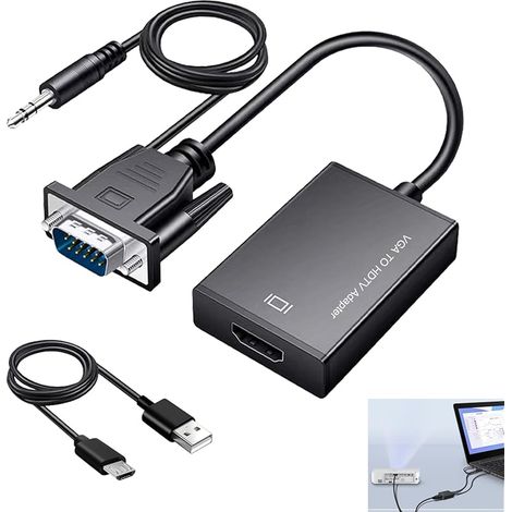 Adaptateur VGA vers HDMI, 1080p Convertisseur VGA Mâle vers HDMI Femelle avec Audio, Câble Unidirectionnel pour Ordinateur Portable, Moniteur, Projecteur, PC vers TV HD, Compatible Audio 3,5mm + USB