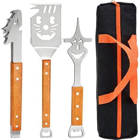 Lot de 3 ustensiles de barbecue en acier inoxydable avec manche en bois, pince à barbecue, spatule, fourchette à viande, avec œillets de suspension (1/5)