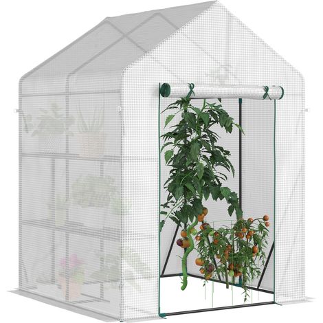 Outsunny Walk In Greenhouse with 2 Tier Shelf, Portable Gardening Plant Grow House Tomato Greenhouse with Roll up Zip Panel Door, Reinforced PE Cover, 143 x 143 x 195cm, Green