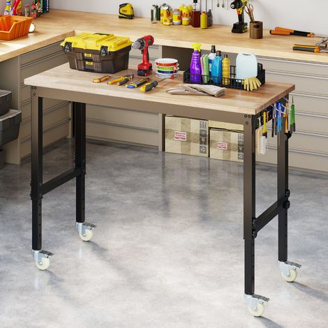 Établi Réglable avec Roues Table de Travail Roulante avec Plateau en Bois de Caoutchouc 2 Panneaux Perforés Capacité 1100KG Naturel (1/5)
