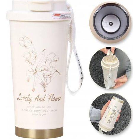 Tazza termica Ecarla con manico e beccuccio, 550 ml, colore crema, mughetto, BD28WZ1 (1/5)