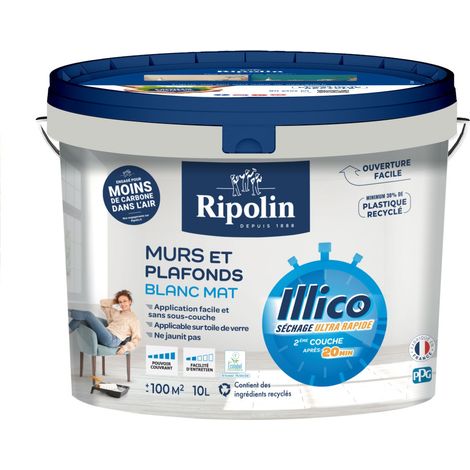Ripolin – Peinture murs et plafonds blanc mat 10L – Ultra-couvrante en 2 couches – Séchage rapide 20 min – Applicable sur tous supports intérieurs
