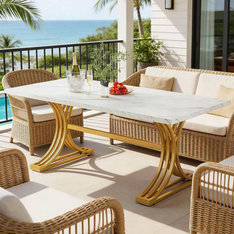 Tavolo da pranzo 160 x 80 cm bianco e oro con piano effetto marmo e gambe in metallo (1/5)