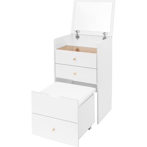 Petite Coiffeuse avec Led, Coiffeuse 3 en 1 avec Miroir Rabattable, Couffeuse Compacte et Tabouret Rembourré Roulettes, Plateau en Verre Visible, 3 Tiroirs pour Petits Espaces, Blanc (1/5)