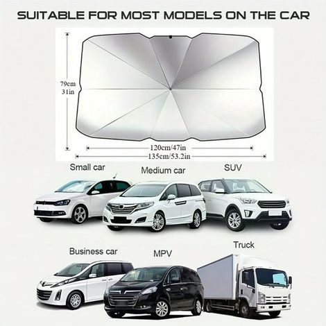 1 parasol plegable para coche, resistente a los rayos UV y con aislamiento térmico, Sus dimensiones 135 x 79 cm, Parasol plegable color plateado (1/5)