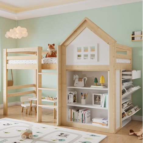 Letto a soppalco per bambini in legno massello e MDF bianco e naturale, 90x200 cm, con contenitore e cassetti. (1/5)