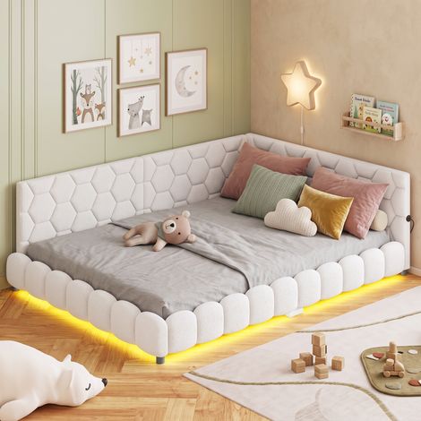 Superaly Canapé-lit en L capitonné 140x200 cm, Lit double avec LED, Port USB intégré, Sommier à lattes, Convient aux salons, Chambres et appartements comme lit de jour, Laine d'agneau, Blanc (1/5)