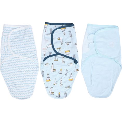 Lot de 3 langes bébé en coton, sacs de sommeil pour nouveau-né de 0 à 2 mois, couverture d'emmaillotage motif mer. (1/5)