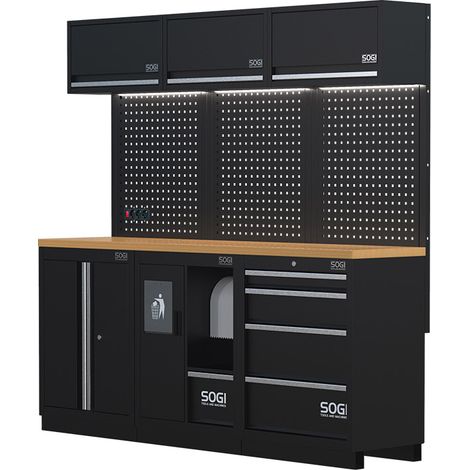 Arredamento modulare in lamiera SOGI ARR-OFF-2040-L per officina e garage - piano in legno - 2040x465x2000 mm (1/5)