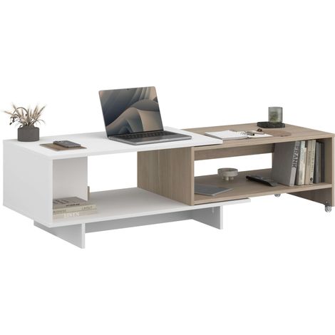 Mesa de Centro Lugo Salón Comedor, Mesa Extensible, Blanco y Roble Japón 110-149x40x50 cm