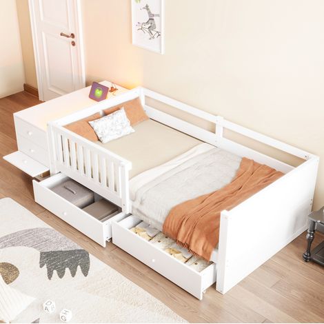 Cama infantil 90 x 200 cm multifunción con almacenaje, escritorio, enchufe y LED blanca DESVIAE (1/5)
