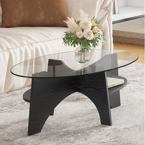 Tavolino ausiliario ovale in vetro di sicurezza 104,9 x 60 cm con base in MDF nera OKWISH (1/5)