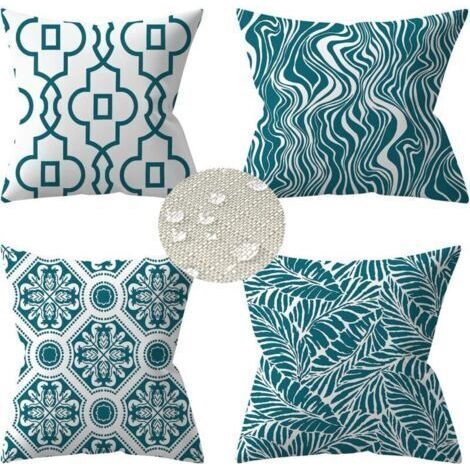 Lot de 4 Housses de Coussin d'extérieur, 45x45cm imperméable Canapé Taie d'oreiller, Plante Verte,Coussins Décoratifs pour Jardin (45 x 45 cm, Turquoise)