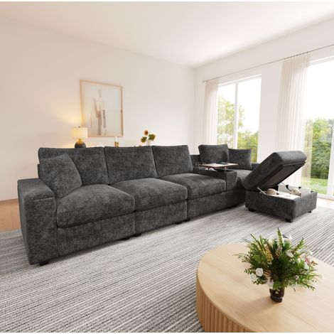 Canapé d’angle modulaire 313/147/82 cm gris en chenille avec ottoman coffre, table pivotante 360° et USB/Type-C (1/5)
