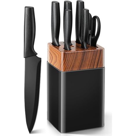 Kitchen Knife, 7 Piece Kitchen Knife Set with Block and Built-in Sharpener, Knife Block with 5 Different Knives and 1 Pair of Scissors, 6-Piece Sharp Kitchen Knives, Black (1/5)