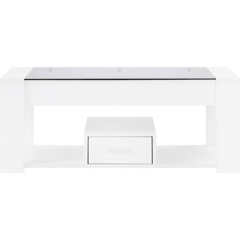Tavolino da salotto bianco con piano in vetro, cassetti e vano portaoggetti 100 x 50 x 40 cm (1/5)