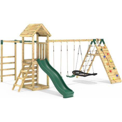 Rebo Wooden Climbing Frame & Swings Slide Climb Wall & Monkey Bars Pyrennes