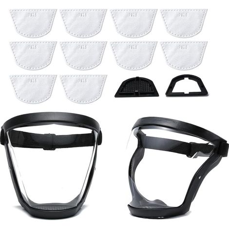 2 masques de protection intégrale, masque transparent pour adultes, masque réutilisable avec 10 filtres en coton, facile à remplacer
