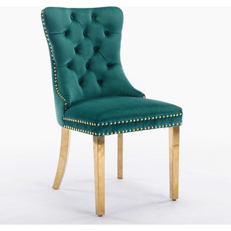 Chaise de salle à manger moderne en bois massif avec assise velours vert et pieds en acier inoxydable doré, lot de 2 (1/5)