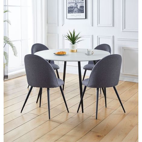 Hallowood Furniture Cullompton Large Round Dining Table and Chairs Set 4 with Curved-back Grey Fabric Chairs, White Marble Effect Top Kitchen Table with 4 Chairs for Home and Cafe (1/5)
