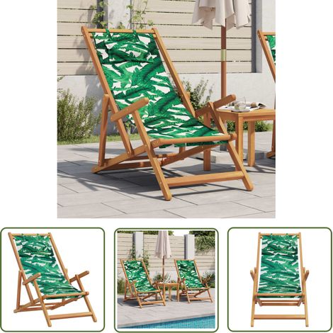 The Living Store Strandstuhl Klappbar Blattmuster Massivholz Eukalyptus Stoff - Holzsessel - Gartenstuhl - Lounge Chair - Liegesessel - Outdoor Möbel (1/5)