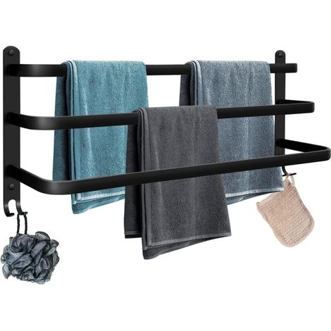 Porte-Serviettes Mural Salle de Bain étagère avec Crochets Aluminium L60CM Noir (1/5)