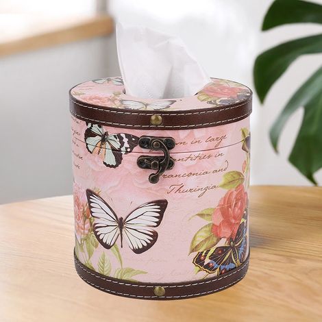 Boîte à mouchoirs en bois PU imprimée style rétro vintage, motif papillon et rose, pour la maison ou le bureau. Motif papillon et rose. (1/5)