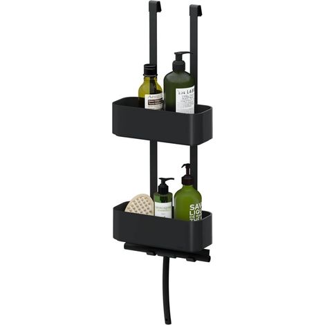 Etagère de Douche, avec 2 Niveaux, Etagère Douche à Suspendre sans perçage, pour Cabine de Douche, avec Crochet pour raclette de vitre, Noir, 25 x 65 x 13 cm (1/5)