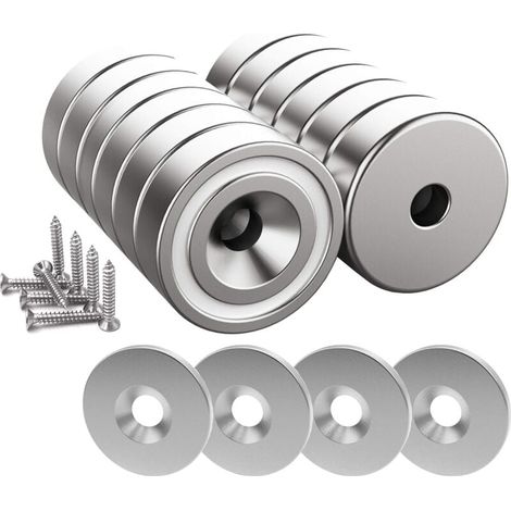 Filiyano-12 aimants néodyme de force 10 kg, 20 x 7 mm, avec trou et capsule, aimant encastré avec vis et 12 plaques d'acier (argent brut) (1/5)